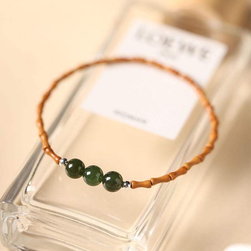 Natural Olive Pit & Hetian Jade Beaded Bracelet with Bamboo Pattern and White Copper Elements