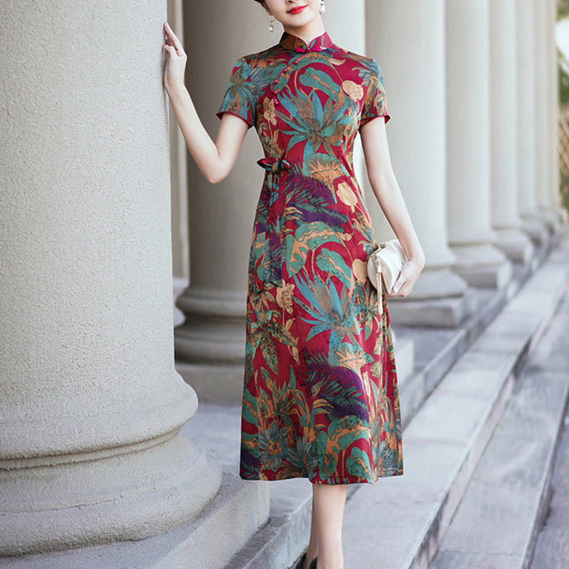 Silk Qipao Dress Retro Flower Leaf Pattern Women's Cheongsam Dress