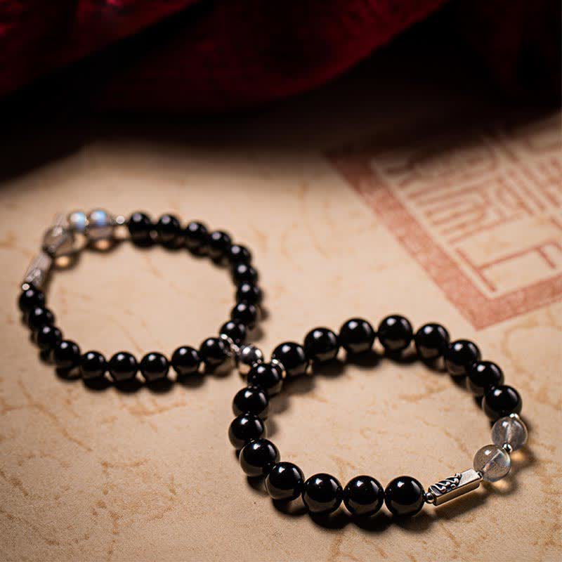 925 Sterling Silver Black Obsidian and Moonstone Beaded Couple Bracelet Set