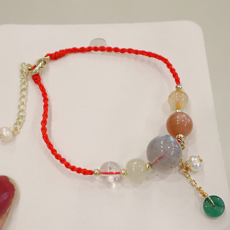 Multi-Gemstone Rope Bracelet with Moonstone, Sunstone, Hetian Jade & Ping An Kou Charm