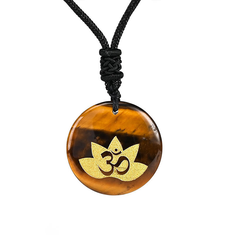 OM Lotus Symbol Various Crystal Amethyst Tiger Eye Healing Necklace Pendant