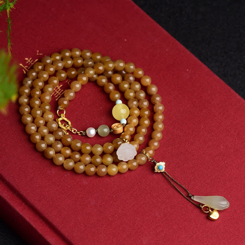 Natural Hetian & White Jade, Amber, Turquoise, Pearl & Topaz Lotus Beaded Bracelet