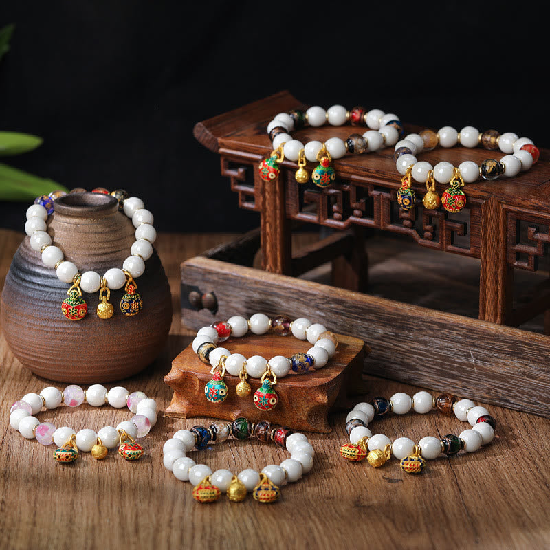 Gold Swallowing Beast Family Charm Liuli Glass Colorful Porcelain Bead Luck Bracelet