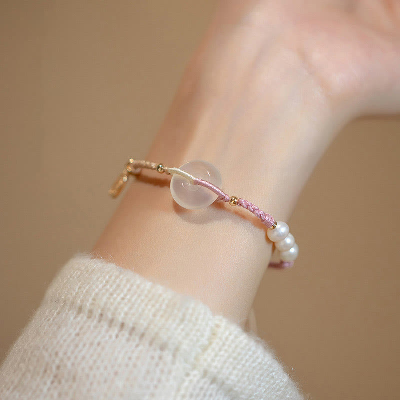 Minimalist Chalcedony Round Ping An Kou Peace Buckle Braided String Bracelet