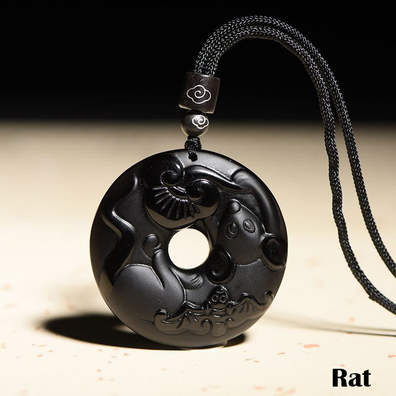 Chinese Zodiac Natural Black Obsidian Peace Buckle Strength Necklace Pendant