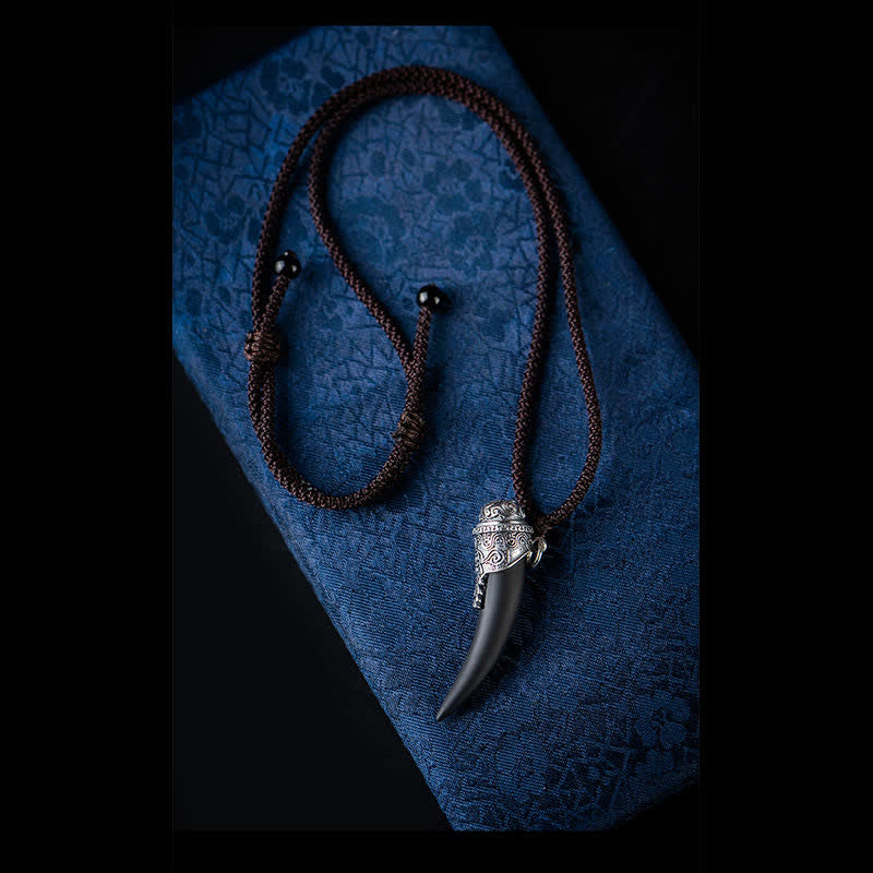 925 Sterling Silver Black Obsidian Wolf Tooth Pattern Strength Necklace Pendant