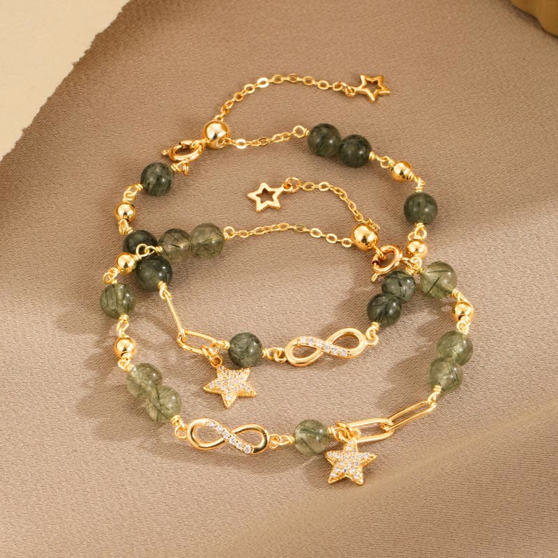 14k Gold Plated Copper Green Rutilated Quartz Möbius Loop Eternal Love Star Protection Bracelet