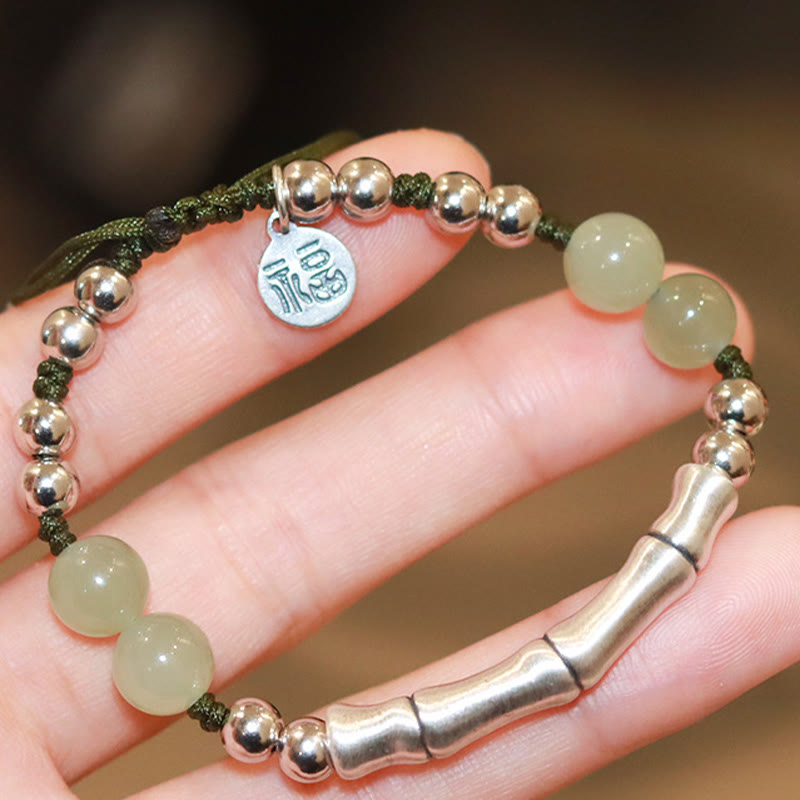 925 Sterling Silver Natural Hetian Jade Bamboo and Fu Character Resilience Bracelet