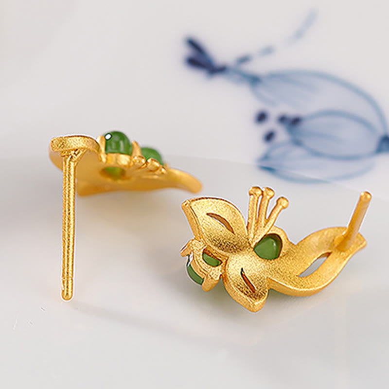 925 Sterling Silver Plated Gold Natural Cyan Jade Butterfly Luck Healing Earrings