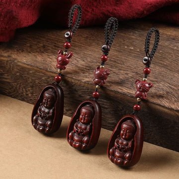 Small Leaf Red Sandalwood & Cinnabar Buddha Chinese Zodiac Carved Keychain