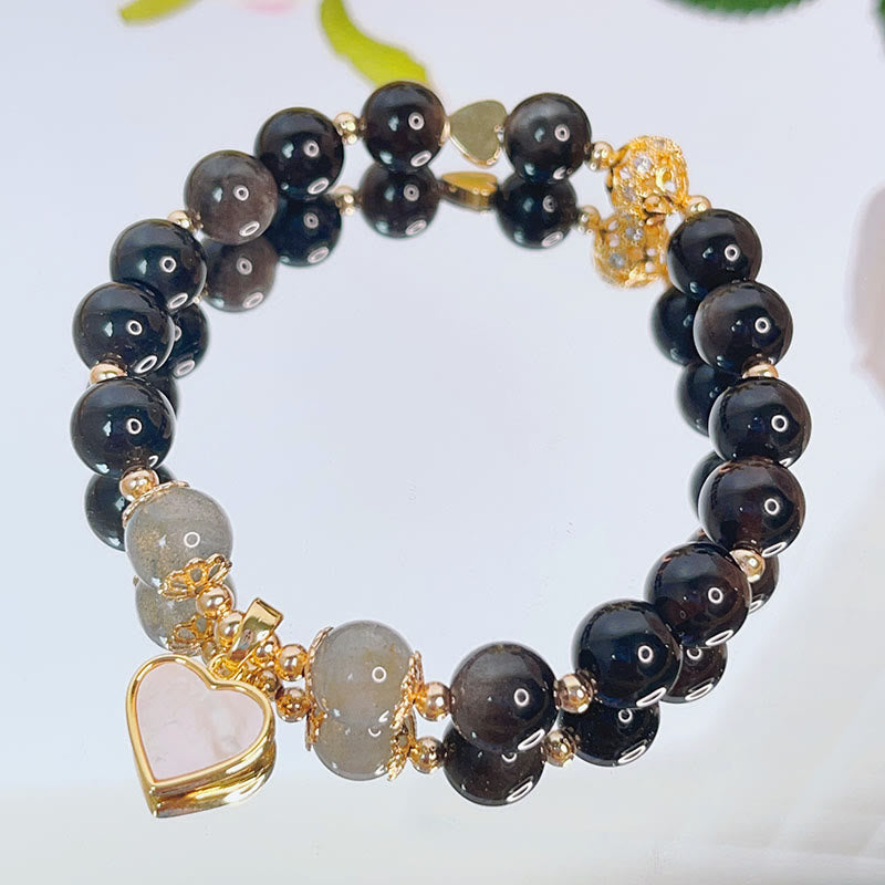 Natural Silver Sheen Obsidian Love Heart Star Flower Protection Bracelet