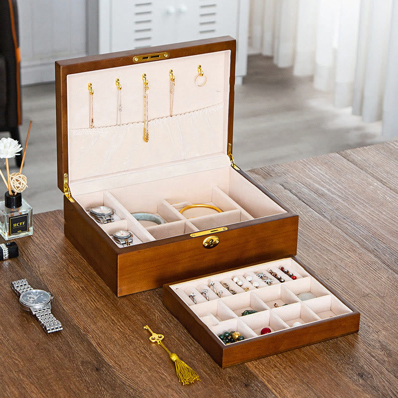 Vintage Wooden Jewelry Box Two-Layer Solid Wood Jewelry Storage Box