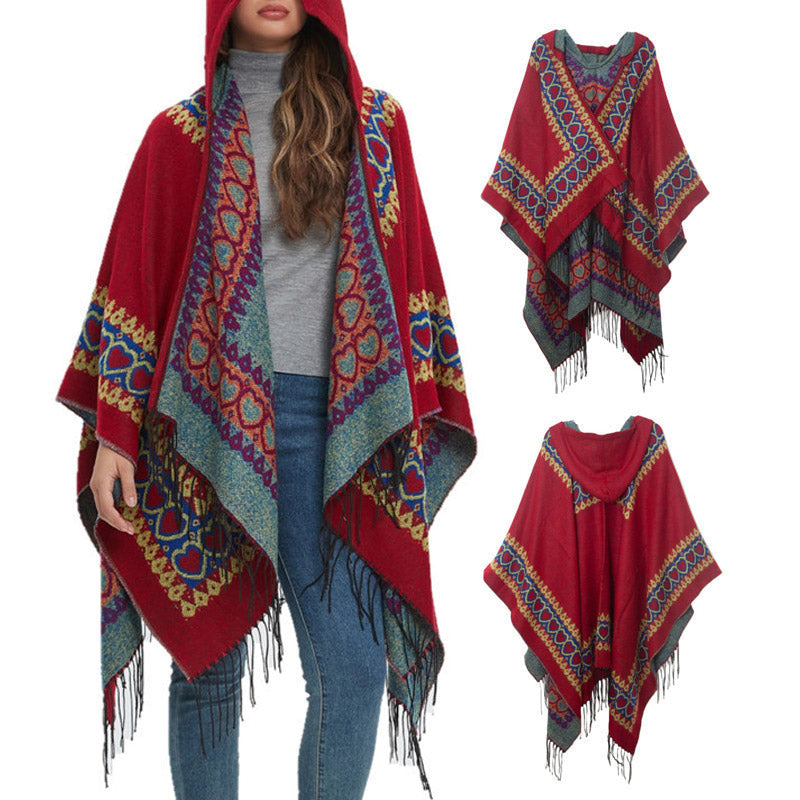 Tibetan Shawl Red Love Heart Tassel Hooded Cloak Winter Cozy Travel Scarf Wrap