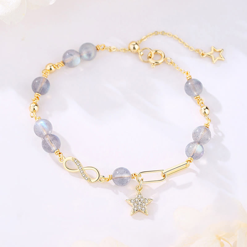 14K Gold Plated Möbius Loop Star Natural Moonstone or Strawberry Quartz Bracelet