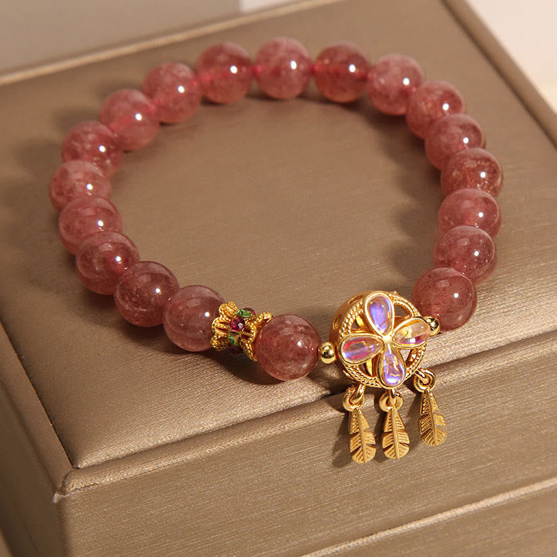 Natural Strawberry Quartz Four Leaf Clover Dreamcatcher Charm Love Bracelet