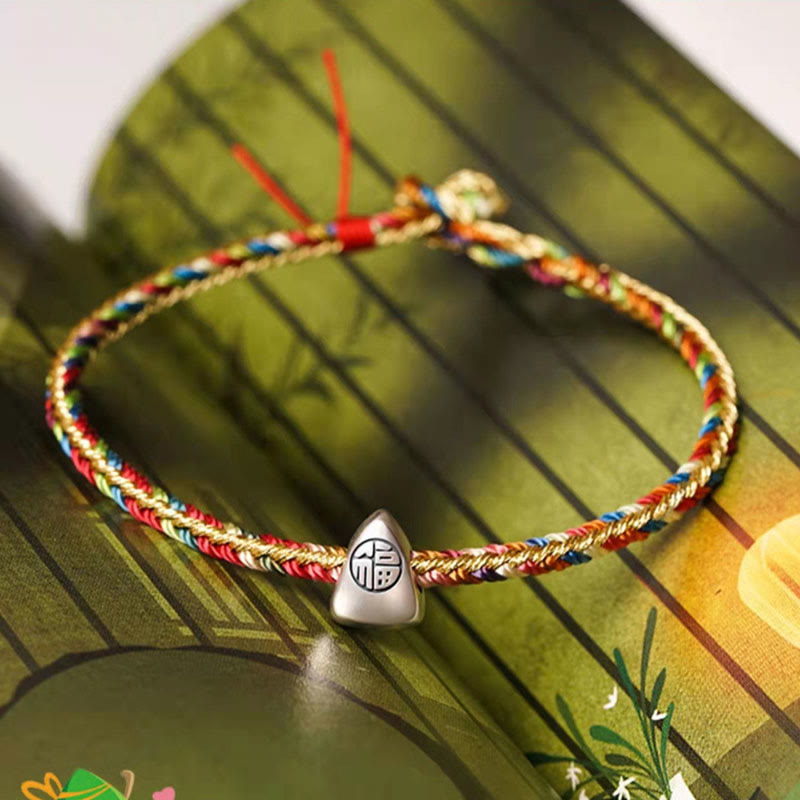 925 Sterling Silver Fu Character Zongzi Pattern Multicolored String Luck Handmade Braided Bracelet