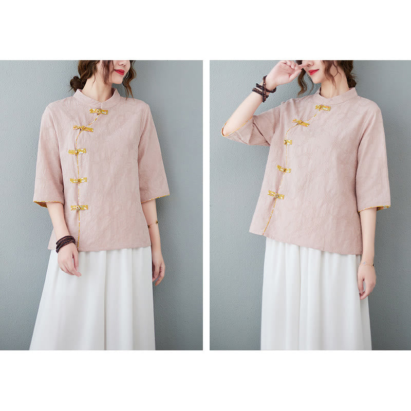 Floral Pattern Frog-Button Half Sleeve Cotton Linen Shirt