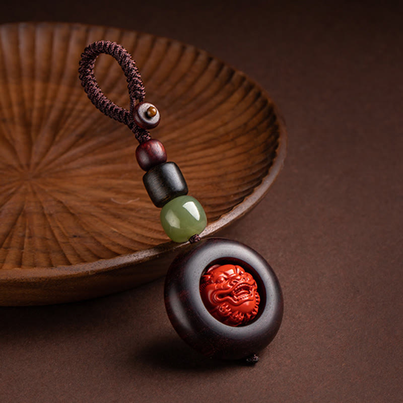 Red Sandalwood & Jade Cinnabar Keychain with Om Mani Padme Hum, Pixiu, or Copper Coin