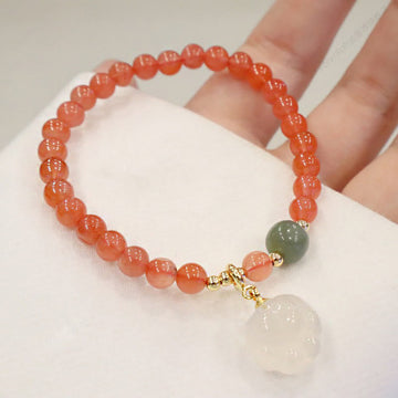 Carved Hetian Jade Cat Paw Red Agate & Chalcedony Gemstone Bracelet