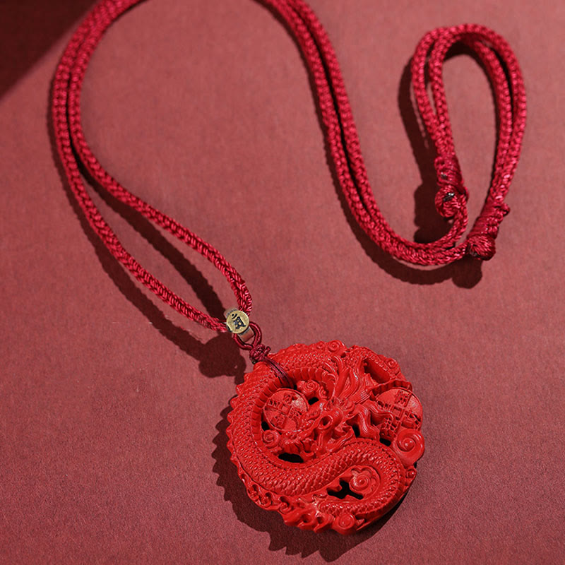 Year of the Dragon 925 Sterling Silver Natural Cinnabar Copper Coin Luck Necklace Pendant
