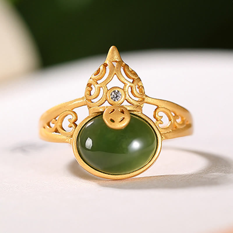 Gourd Cyan Jade Copper Coin Success Luck Adjustable Ring