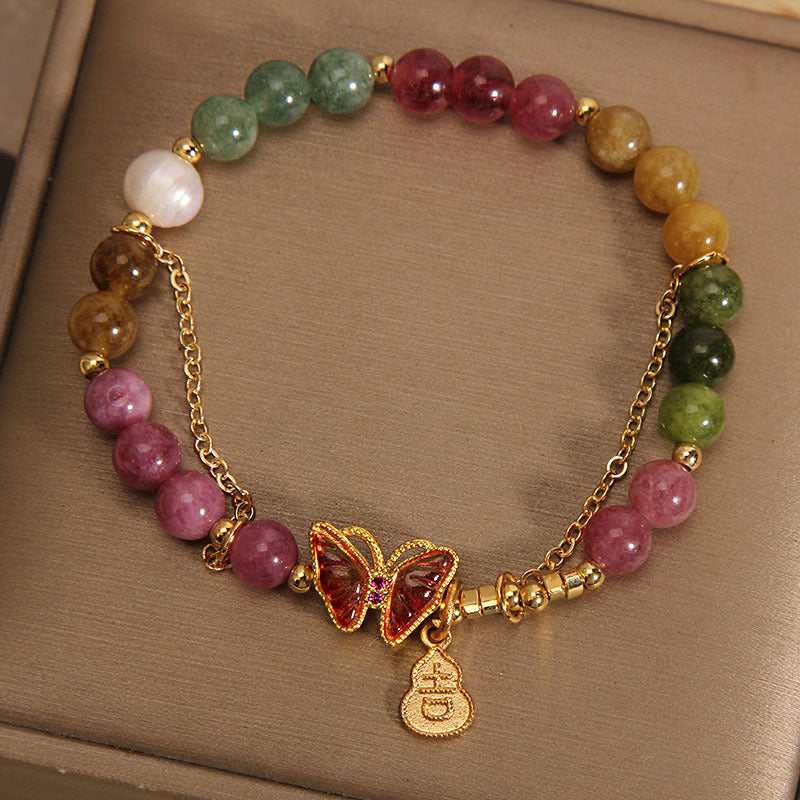 Natural Colorful Tourmaline Butterfly Auspicious Character Gourd Charm Positive Bracelet