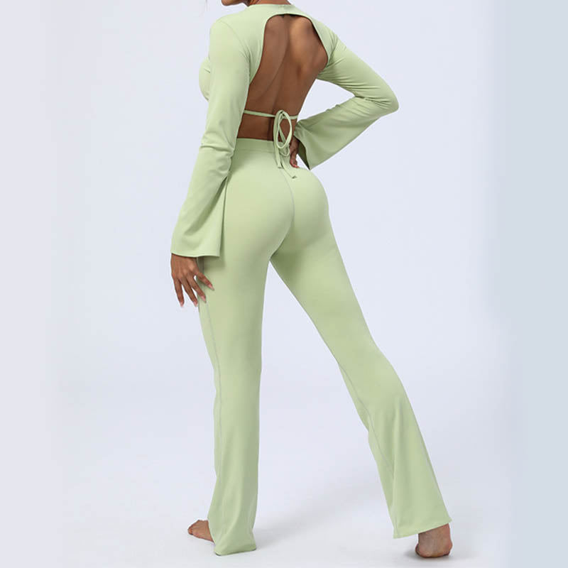 Long Sleeve Backless Strap Top Bra Flare Pants Fitness Yoga Outfit