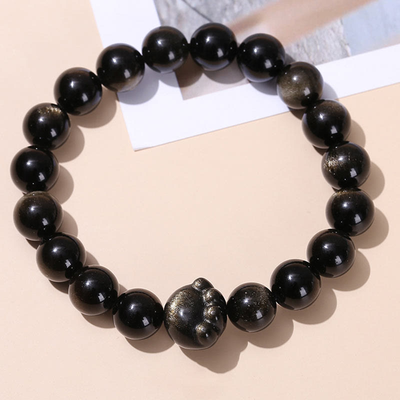 Natural Sheen Obsidian Beaded Cat Paw Charm Bracelet
