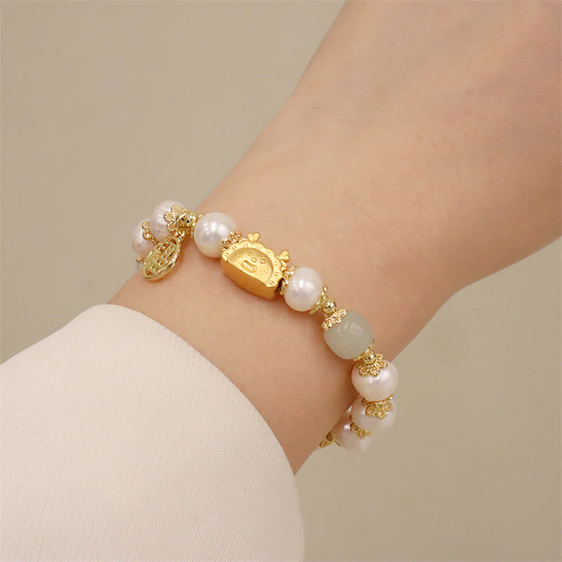 Year Of The Dragon Red Agate Strawberry Quartz Black Obsidian Jade Garnet Pearl Cinnabar Dumpling Dragon Luck Fu Character Bracelet