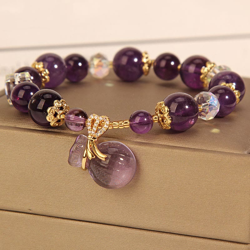 Natural Amethyst Crystal Money Bag Charm Positive Bracelet