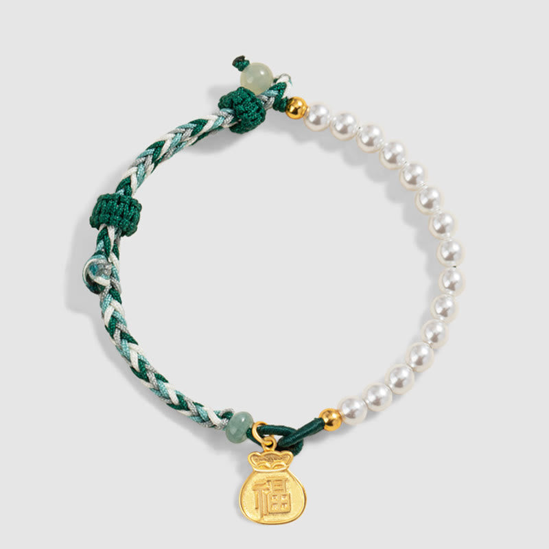 925 Sterling Silver Hetian Jade & Pearl Fu Wealth Bag Adjustable Rope Bracelet