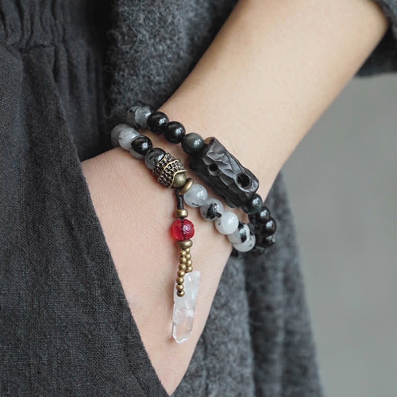 Black Rutilated Quartz, Ebony Wood, Obsidian & Clear Quartz Copper Couple Bracelet