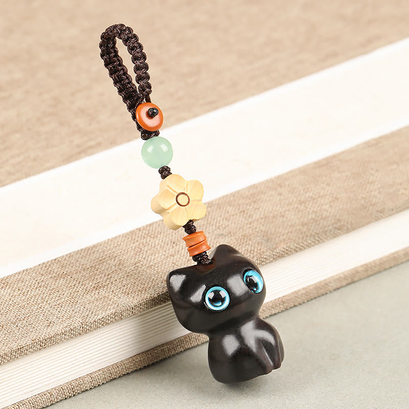 Hand-Carved Lucky Cat Wood Charm with Green Aventurine, Boxwood & Olive Wood Phone Keychain
