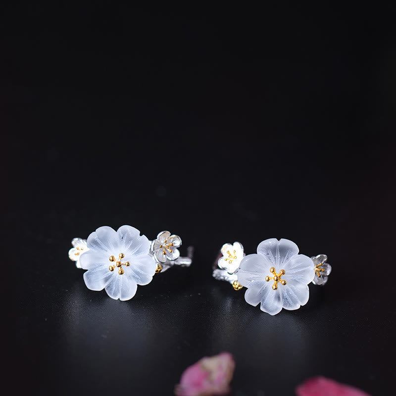 925 Sterling Silver Plum Blossom Floral Clear Quartz Earrings