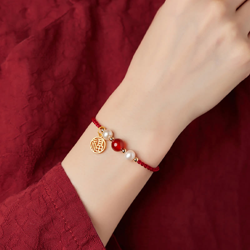 925 Sterling Silver Fu Prosperity Charm Agate Pearl Red String Braided Bracelet