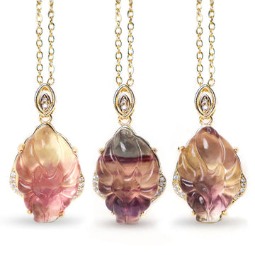 Natural Colorful Fluorite Hand-Carved Nine-Tailed Fox Pendant Necklace