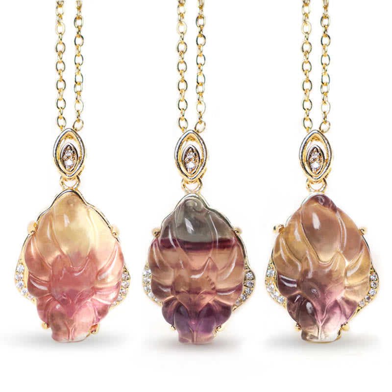 Natural Colorful Fluorite Hand-Carved Nine-Tailed Fox Pendant Necklace