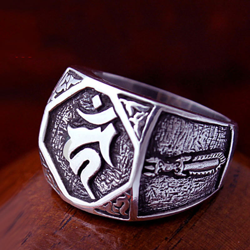 925 Sterling Silver Sanskrit Design Carved Protection Adjustable Ring