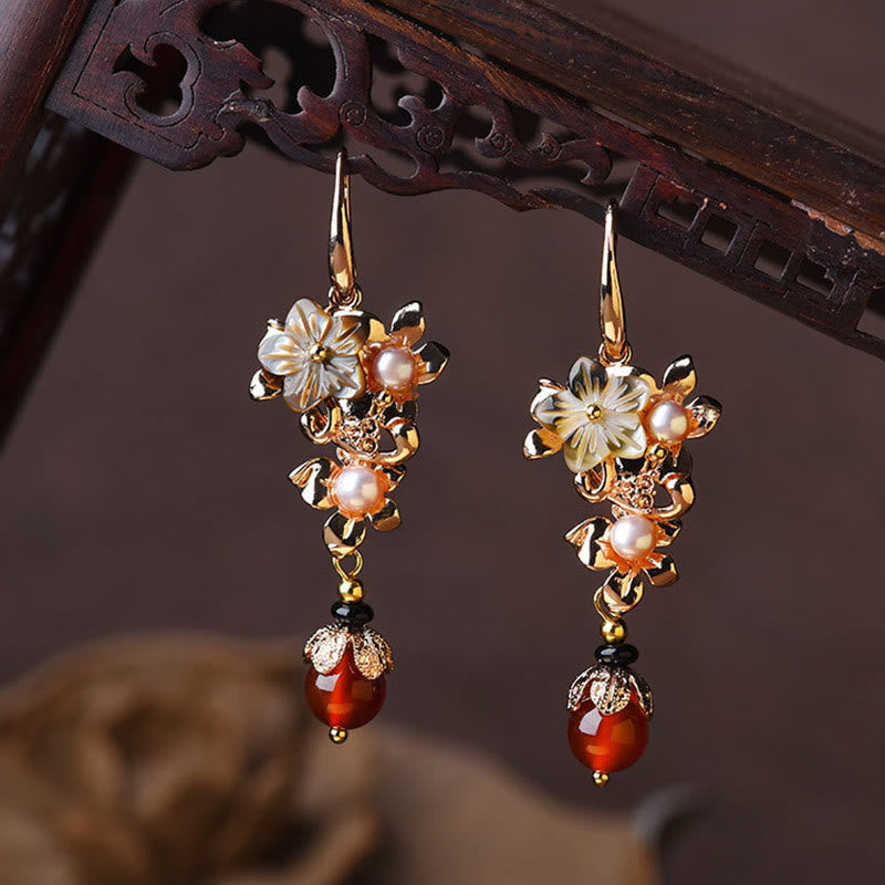 14K Gold Plated Tridacna Flower Pearl and Gemstone Drop Earrings