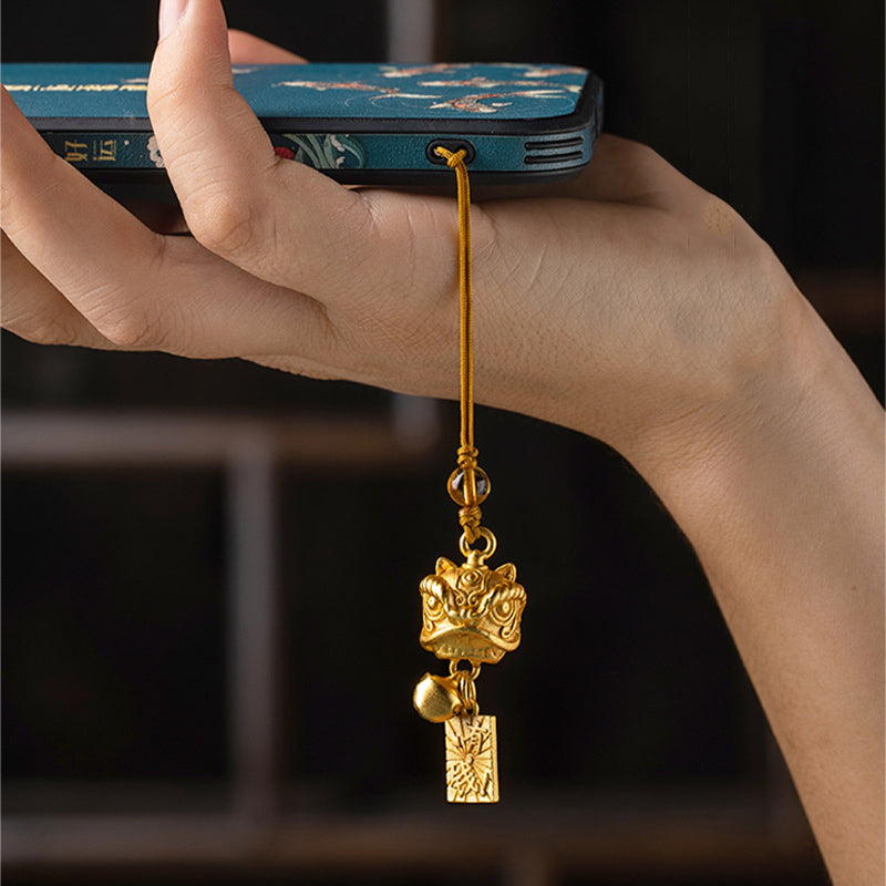 Dancing Guardian Lion Brass Copper Phone Charm with Ping An Kou & Ruyi Symbols