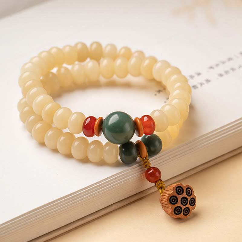 Natural Bodhi Seed and Lotus Pod Charm Double Wrap Mindfulness Bracelet
