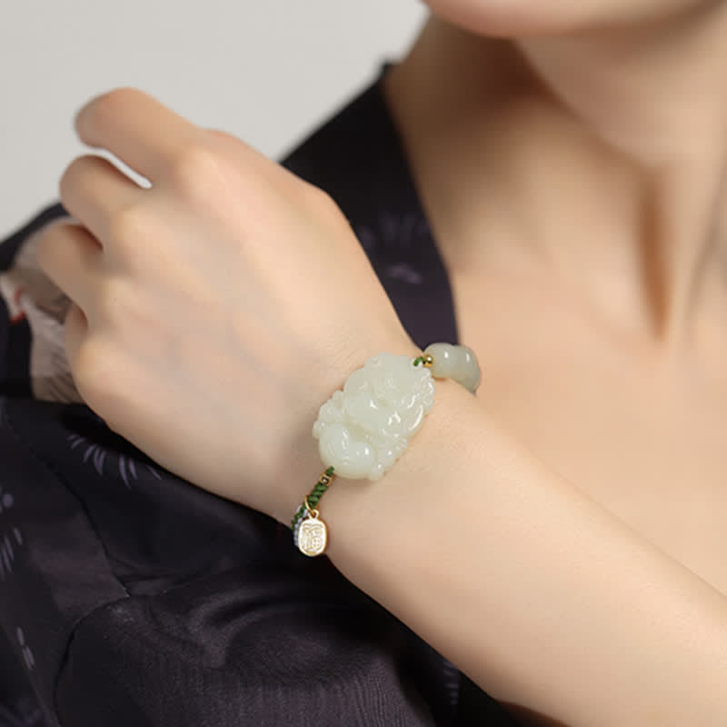 Handcrafted 925 Sterling Silver Chinese Zodiac Hetian Jade Red String Bracelet