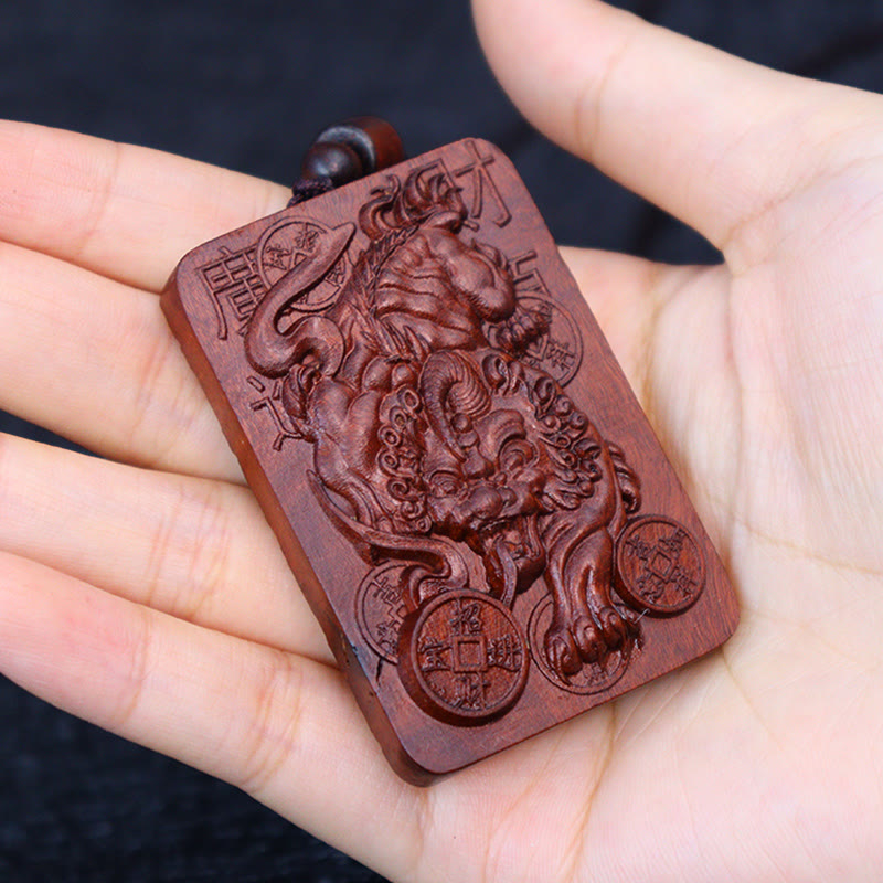Natural Lightning Struck Jujube Wood PiXiu Copper Coin Good Fortune Necklace Pendant