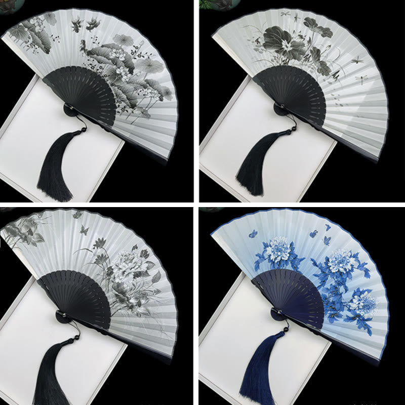 Vintage Bamboo Peony Butterfly Lotus Handheld Silk Folding Fan With Bamboo Frames