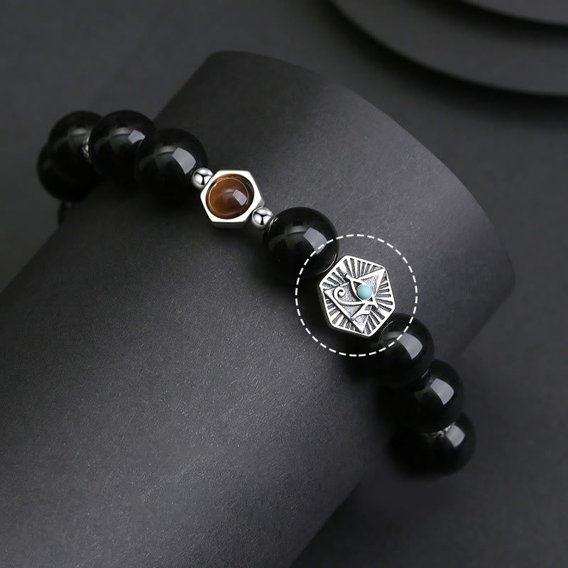925 Sterling Silver Black Obsidian Tiger Eye Eye of Providence Purification Bracelet