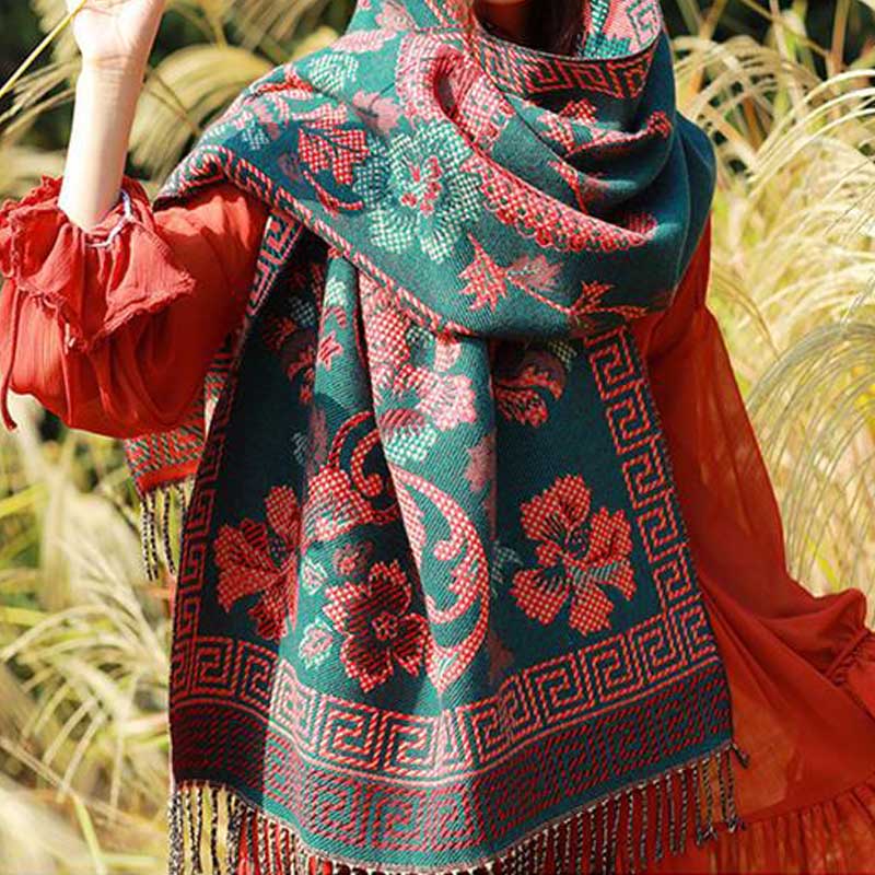 Tibetan Flowers Leaves Pattern Design Shawl Cozy Travel Scarf Wrap