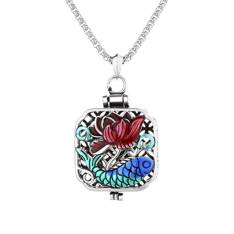 Koi Fish Lotus Copper Coins Luck Ghau Prayer Box Necklace Pendant