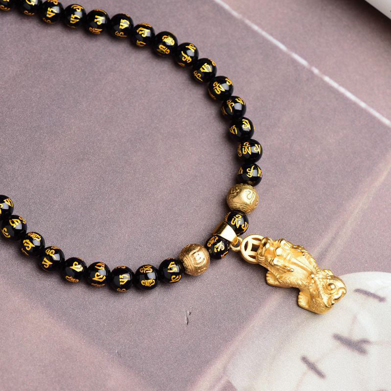 Grounding Black Onyx and Obsidian Om Mani Padme Hum Pixiu Pendant Necklace