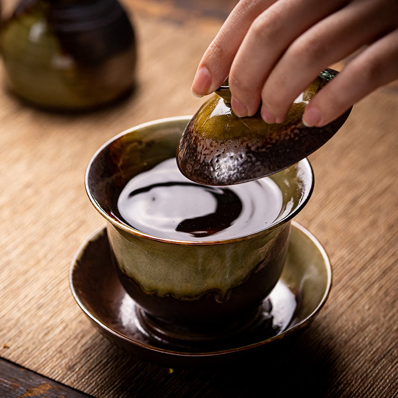 Vintage Brown Kiln Change Design Porcelain Ceramic Gaiwan Sancai Teacup Kung Fu Tea Cup And Saucer With Lid