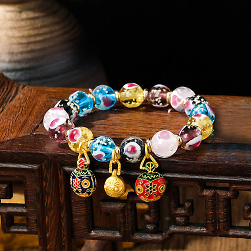 Gold Swallowing Beast Family Pink Love Heart Luminous Fluorescent Liuli Glass Bead Bracelet